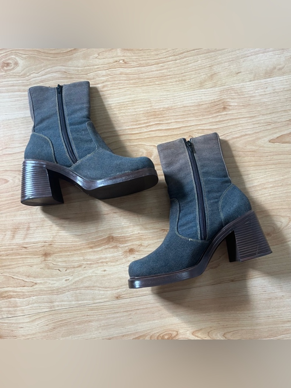 Vintage Platform Boots Platform Chunky Y2K 90s Bratz Square Toe Denim Blue Sz 8